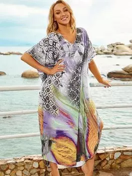 EDOLYNSA Разноцветные накидки на бикини Кафтан Сексуальный v-образный вырез с половиной рукавом Летнее пляжное платье в стиле бохо Плюс размер Пляжная одежда Купальник Cover Up Q1166 One Size фиолетовый