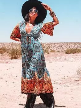 EDOLYNSA Разноцветные накидки на бикини, сексуальное летнее пляжное платье в стиле бохо с v-образным вырезом и короткими рукавами, пляжная одежда больших размеров, купальник, накидка Q1207 One Size коричневый