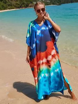 EDOLYNSA Разноцветный кафтан с богемным принтом и v-образным вырезом, рукавами «летучая мышь», женское платье макси, пляжная одежда, платье макси с половиной рукавом, халат One Size разноцветный