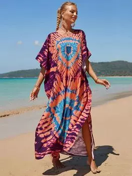 EDOLYNSA Разноцветный кафтан с богемным принтом и v-образным вырезом, рукавами «летучая мышь», женское платье макси, пляжная одежда, платье макси с половиной рукавом, халат One Size фиолетовый