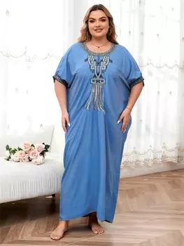 EDOLYNSA ретро вышивка О-образный вырез рукав летучая мышь платье кафтан пляжная одежда купальник накидки 2024 Женский летний халат больших размеров накидка Q1585 One Size синий