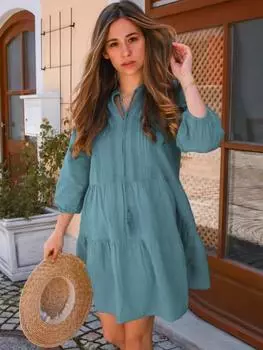 EDOLYNSA сексуальное платье больших размеров, синяя туника, повседневное, с V-образным вырезом, кисточками, шнуровкой, рукавами-фонариками, летнее пляжное платье, женская пляжная одежда, купальник, накидка One Size синий