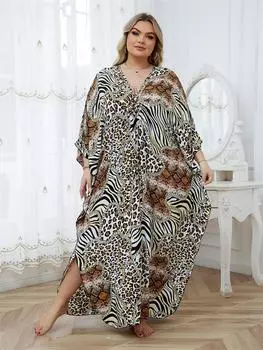 EDOLYNSA Сексуальная женская пляжная одежда с богемным принтом и v-образным вырезом, рукавами «летучая мышь», кафтан размера плюс, пляжное платье макси, уютная домашняя одежда, купальник, накидка One Size коричневый