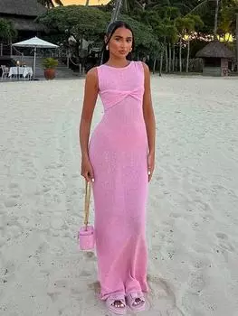 EDOLYNSA сексуальное элегантное однотонное вязаное прозрачное длинное платье без рукавов 2024 женская летняя приморская пляжная одежда купальники накидка A2857 S белый