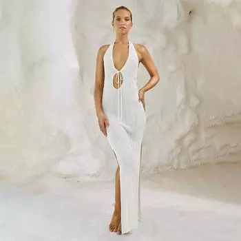 EDOLYNSA Сексуальное белое трикотажное платье с открытой спиной и вырезом на шее, длинное платье с запахом 2024 года, элегантный женский наряд, летняя пляжная одежда, купальник, накидка CQ1 S белый
