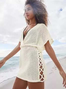 EDOLYNSA Сексуальное белое вязаное крючком женское накидка с глубоким v-образным вырезом и короткими рукавами, ажурное пляжное мини-платье 2024, летняя накидка на бикини, туника K5