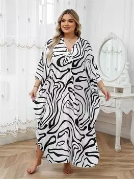 EDOLYNSA сексуальное богемное длинное платье с принтом зебры и v-образным вырезом, рукавами летучая мышь, кафтан с разрезом, большое домашнее платье, халат, пляжная одежда, купальник, накидки One Size белый
