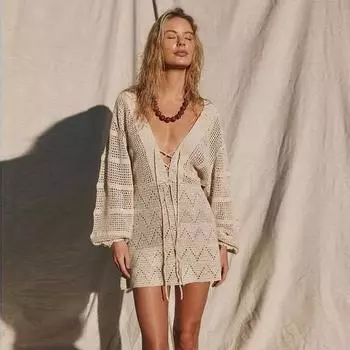 EDOLYNSA сексуальное глубокое пляжное мини-платье с глубоким v-образным вырезом на шнуровке и рукавами-колокольчиками, лето 2024, женская повседневная туника K14 S бежевый