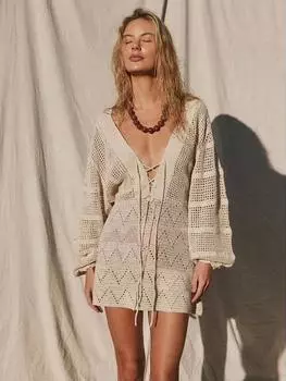 EDOLYNSA сексуальное глубокое пляжное мини-платье с глубоким v-образным вырезом на шнуровке и рукавами-колокольчиками, лето 2024, женская повседневная туника K14 S бежевый