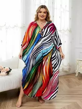 EDOLYNSA Сексуальное платье-кафтан большого размера с V-образным вырезом и рукавами «летучая мышь» для женщин, пляжное платье для летнего отпуска 2024 года, пляжная одежда, купальный костюм, накидка One Size разноцветный