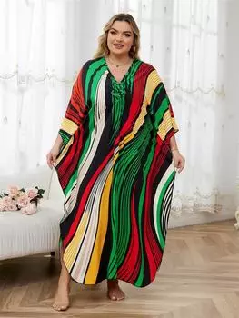 EDOLYNSA Сексуальное платье-кафтан большого размера с V-образным вырезом и рукавами «летучая мышь» для женщин, пляжное платье для летнего отпуска 2024 года, пляжная одежда, купальный костюм, накидка One Size разноцветный