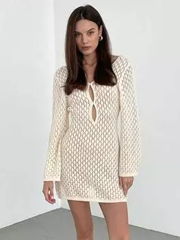 EDOLYNSA Сексуальное платье-свитер с вырезом на спине и длинными рукавами-колокольчиками, осеннее платье 2024 года, новое женское сексуальное короткое пляжное платье с большим V-образным вырезом S бежевый