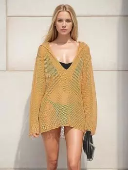 EDOLYNSA сексуальное женское трикотажное повседневное пляжное мини-платье с v-образным вырезом и капюшоном с длинными рукавами, ажурная пляжная одежда, туника 2024, летние каникулы, купальник, накидка K4