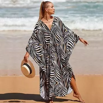 EDOLYNSA сексуальные полосатые накидки на бикини, повседневное летнее пляжное платье с v-образным вырезом и разрезом по бокам, женская пляжная одежда, купальный костюм, накидка Q1297 One Size коричневый