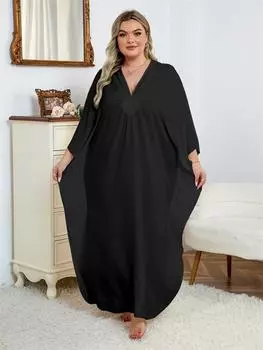 EDOLYNSA сексуальный черный кафтан больших размеров для женщин с v-образным вырезом и рукавами «летучая мышь» пляжное платье 2024 летние каникулы пляжная одежда купальный костюм накидка Q1306 One Size чёрный