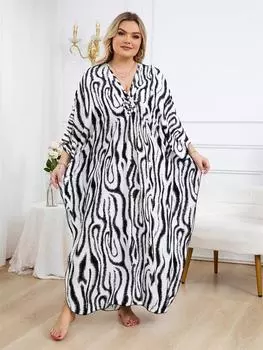 EDOLYNSA сексуальный плюс размер пустой белый кафтан с богемным принтом летнее длинное пляжное платье женская домашняя одежда наряд купальный костюм накидка свободный кафтан One Size белый/чёрный