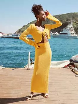 EDOLYNSA сексуальный яркий золотисто-желтый двухсекционный купальник, накидки, лето 2024, оборка, топ с длинными рукавами и юбкой с разрезом, комплект женской праздничной одежды