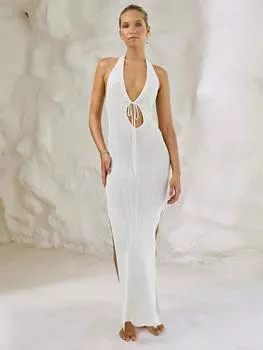 EDOLYNSA Сексуальное белое трикотажное платье с открытой спиной и вырезом на шее, длинное платье с запахом 2024 года, элегантный женский наряд, летняя пляжная одежда, купальник, накидка CQ1 S белый