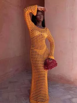 EDOLYNSA Сексуальное платье-макси с вырезом и рукавами-колокольчиками, вязаное крючком, 2024, женское летнее шикарное платье-купальник, элегантный наряд для вечеринки K23 S оранжевый