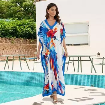 EDOLYNSA Шикарное длинное платье в стиле бохо с принтом синего цвета с V-образным вырезом и рукавами «летучая мышь» больших размеров, кафтан 2024 года, женская летняя пляжная одежда для отдыха, купальник, накидка One Size синий