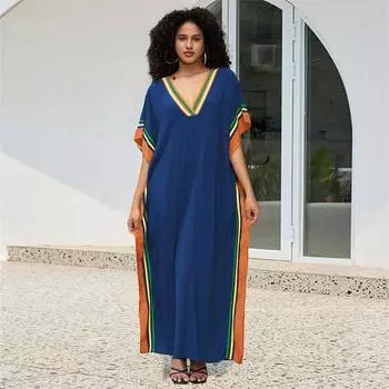 EDOLYNSA шикарное длинное пляжное платье-кафтан с V-образным вырезом больших размеров 2024 года, женская летняя пляжная одежда, купальник, накидка, свободный уютный домашний халат Q1615 One Size синий