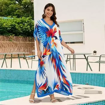 EDOLYNSA шикарное синее длинное платье с богемным принтом и v-образным вырезом, большие размеры, кафтан 2024, женский купальник для летних каникул, свободный кафтан Q1594 One Size синий