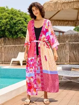 EDOLYNSA шикарное женское кимоно с принтом больших размеров розовое платье-кимоно с поясом сексуальный купальник накидки домашний халат отпуск пляжная вечеринка банный халат Q1414 One size розовый