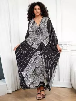 EDOLYNSA шикарный черный халат кафтан женское свободное длинное платье с v-образным вырезом и рукавами летучая мышь универсальное платье Moo Moo одежда для отдыха домашняя одежда Q1289 One Size разноцветный
