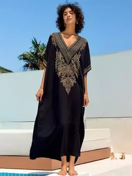 EDOLYNSA шикарный черный кафтан с вышивкой золотой нитью больших размеров, черный кафтан с v-образным вырезом, 2024, женская летняя пляжная одежда, купальник, свободный кафтан Q1685 One Size чёрный