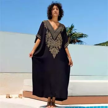 EDOLYNSA шикарный черный кафтан с вышивкой золотой нитью больших размеров, черный кафтан с v-образным вырезом, 2024, женская летняя пляжная одежда, купальник, свободный кафтан Q1685 One Size чёрный