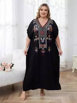 EDOLYNSA шикарный свободный халат с вышивкой в этническом стиле, 2024, женский черный кафтан с v-образным вырезом и рукавами «летучая мышь», праздничный пляжный купальный костюм Q1688 One Size чёрный