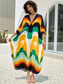 EDOLYNSA шикарный свободный кафтан в полоску с принтом, 2024, женское длинное платье с v-образным вырезом и боковым разрезом, с рукавами «летучая мышь», домашняя одежда, накидка на купальник Q1618 One Size разноцветный