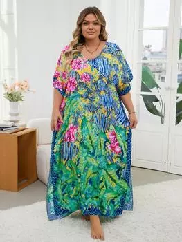 EDOLYNSA шикарный зеленый женский богемный халат с принтом, кафтан, домашнее платье, свободное длинное платье для отпуска, вечеринки, купальник, накидка Q1594 One Size разноцветный