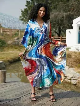 EDOLYNSA шикарный женский халат больших размеров кафтан с китайским узлом и v-образным вырезом, благоприятный узел, богемное платье, купальник, накидка, домашняя одежда Q1634 One Size разноцветный