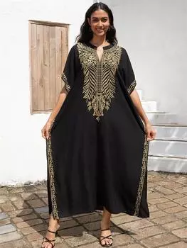 EDOLYNSA шикарный золотой вышитый сексуальный V-образный вырез большого размера кафтан халат 2024 женские удобные наряды для отпуска пляжное платье купальник накидка One size чёрный