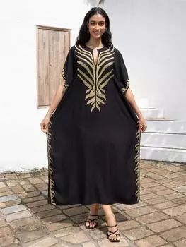 EDOLYNSA шикарный золотой вышитый сексуальный V-образный вырез большого размера кафтан халат 2024 женские удобные наряды для отпуска пляжное платье купальник накидка One size чёрный