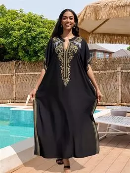 EDOLYNSA шикарный золотой вышитый сексуальный V-образный вырез большого размера кафтан халат 2024 женские удобные наряды для отпуска пляжное платье купальник накидка One size чёрный
