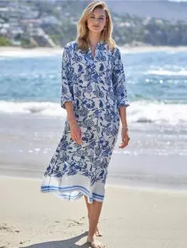 EDOLYNSA Синий кафтан с принтом и свободным воротником-стойкой, пляжное платье, элегантное женское пляжное платье больших размеров, купальный костюм, накидка Q1264 One Size синий