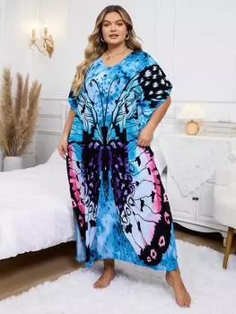EDOLYNSA Синий кафтан с принтом, женский богемный халат больших размеров, кафтан для отпуска, пляжное платье, летняя одежда, одежда для отдыха, купальник, накидка Q1546 One Size разноцветный