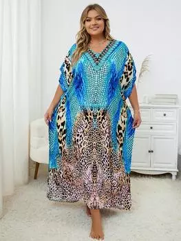 EDOLYNSA Синий женский кафтан с леопардовым принтом, длинное платье большого размера с богемным принтом, роскошное платье для дома в стиле бохо, летняя одежда Q1415 One Size разноцветный