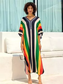 EDOLYNSA Свободное платье-халат в стиле бохо с разноцветным полосатым принтом для женщин 2024 года, летняя праздничная одежда для отдыха, пляжный купальник, накидка One Size разноцветный
