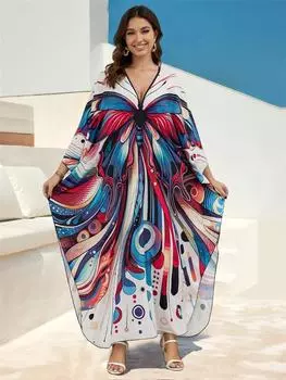 EDOLYNSA Свободное пляжное платье-кафтан в стиле бохо с принтом бабочки и треугольным вырезом, лето 2024, женская пляжная одежда, купальный костюм, повседневная одежда для отдыха, Q1588 One Size разноцветный
