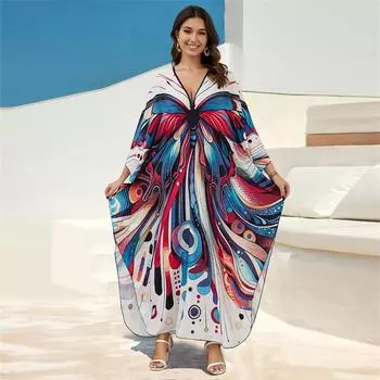 EDOLYNSA Свободное пляжное платье-кафтан в стиле бохо с принтом бабочки и треугольным вырезом, лето 2024, женская пляжная одежда, купальный костюм, повседневная одежда для отдыха, Q1588 One Size разноцветный