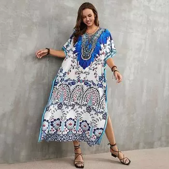 EDOLYNSA свободный кафтан с богемным принтом, повседневное платье макси для летних каникул, женская одежда, пляжная одежда, купальный костюм, накидка Q1383