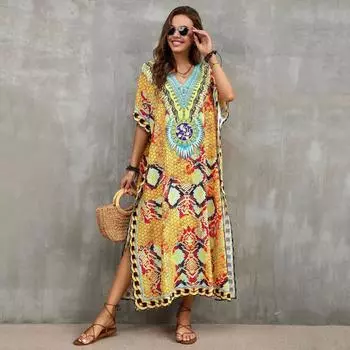 EDOLYNSA свободный кафтан с богемным принтом, повседневное платье макси для летних каникул, женская одежда, пляжная одежда, купальный костюм, накидка One Size зелёный