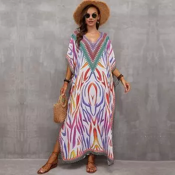 EDOLYNSA свободный кафтан с богемным принтом, повседневное платье макси для летних каникул, женская одежда, пляжная одежда, купальный костюм, накидка Q1464 One size фиолетовый