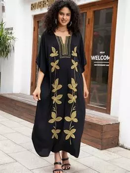 EDOLYNSA Свободный кафтан с v-образным вырезом и золотой вышивкой, праздничный пляжный чехол для женщин, летний купальник, уютное домашнее платье больших размеров Q1662 One Size чёрный