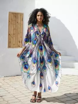 EDOLYNSA Свободный женский кафтан, длинное платье, яркий цвет, легкая куртка, летняя одежда, домашняя одежда, купальный костюм, накидка Q1634 One Size разноцветный