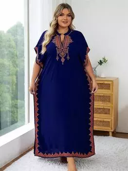 EDOLYNSA темно-синий женский кафтан с золотой вышивкой Халат Домашнее платье Свободное длинное платье для отдыха и вечеринок Плюс Размер Домашняя одежда Q1545 One Size темно-синий