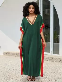 EDOLYNSA Темно-зеленый принтованный свободный женский халат-кафтан, наряд в стиле бохо для отдыха, купальник-накидка, домашняя одежда, кафтан, домашнее платье Q1615 One Size зелёный